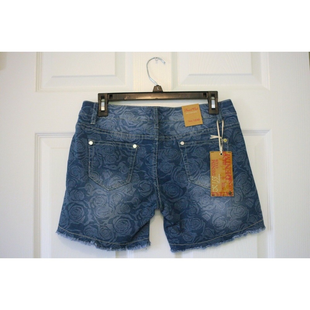 DENIM CLUB UK Frayed Denim Jean Shorts Blue Roses Pattern